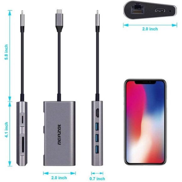 USB-C Hub Type C Adapter 8-In-1 Dock to HDMI 3 USB 3.0 Ports TF SD Card Readers - Picture 7 of 9